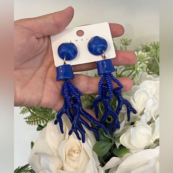 Bold Blue Coral-Inspired Dangle Earrings - Picture 2 of 6